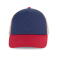 Gorra trucker KP240. Color índigo intenso/rojo escarlata claro/arena beige.