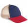 Gorra trucker KP240. Color índigo intenso/rojo escarlata claro/arena beige.