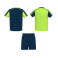 Equipación de fútbol doble hombre Juve. Color verde flúor/azul marino.