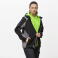 Chaqueta softshell con capucha reciclada unisex S7830. Color negro/gris/verde flúor.